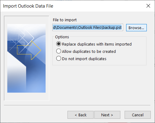 Import outlook backup data file