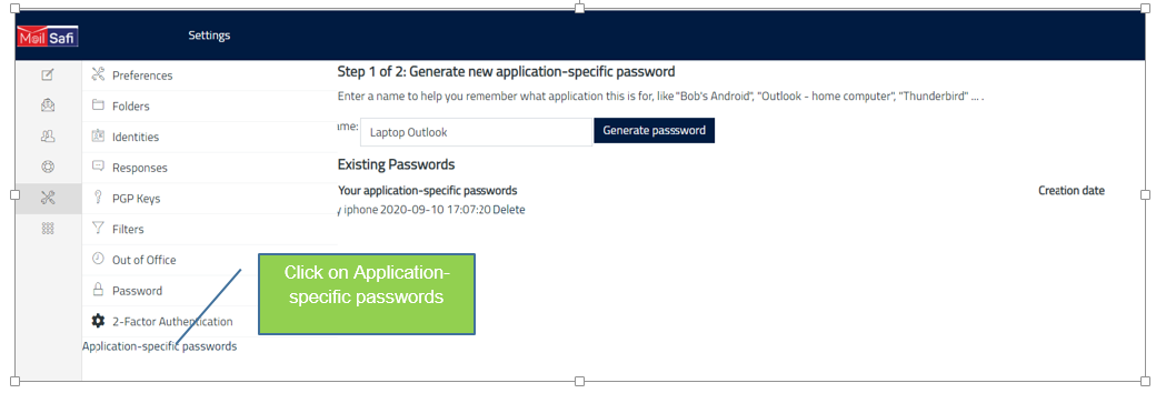 MailSafi generate application specific password