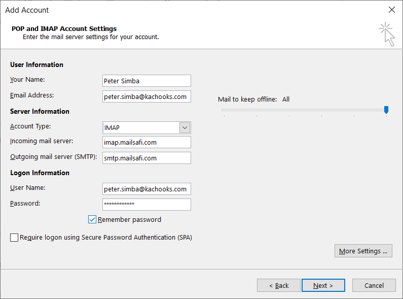 Mailsafi outlook for desktop server settings