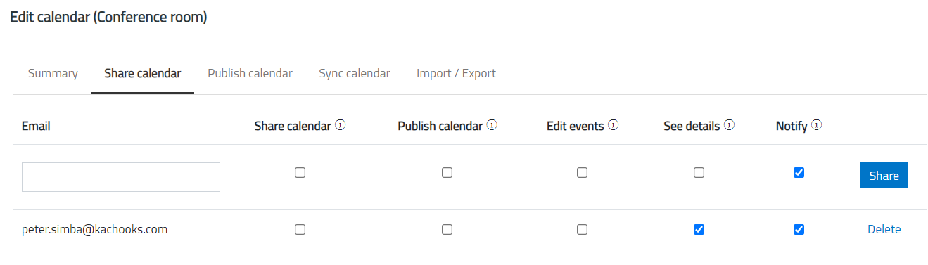 Enter users to share calendar with.