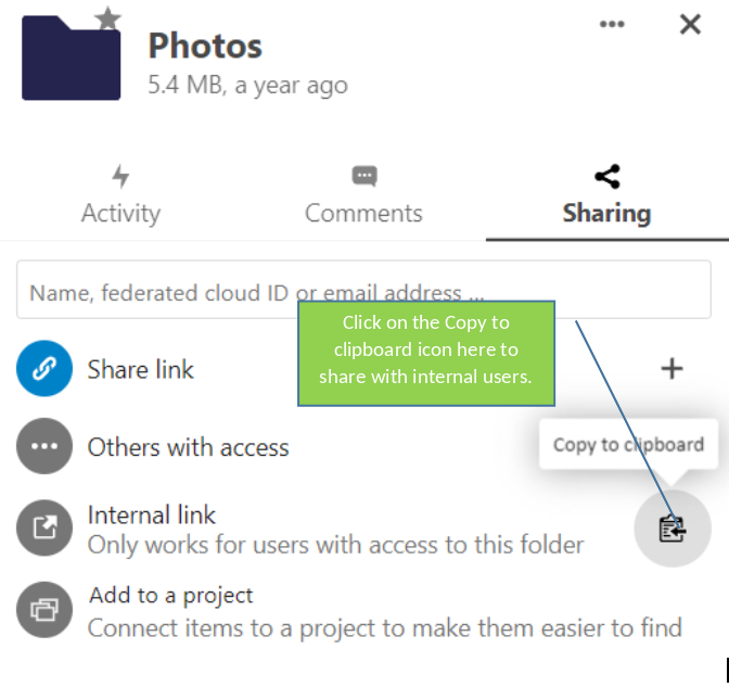 MailSafi copy link to share folder with internal users
